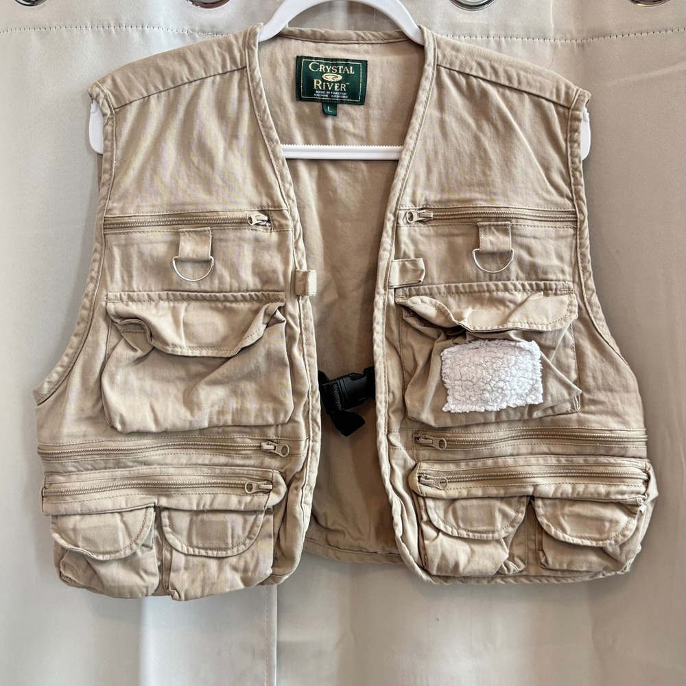 Crystal River Mens Tan Cargo Utility Fishing Vest L Multi Pocket Outdoors 19771‎